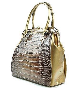 CROC Print Diamond Top Kiss Snap Satchel