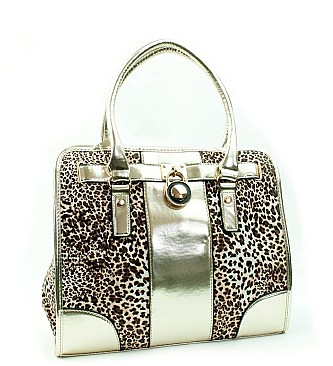 Leopard Padlock Accented Satchel Purse