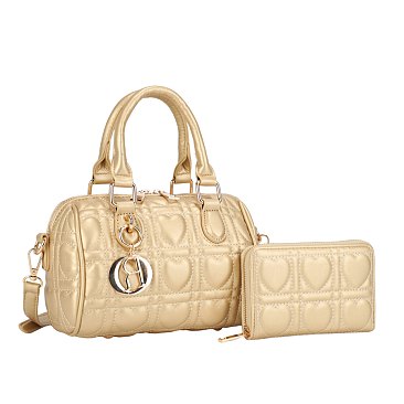 2-in-1 Quilted Heart Design Boston Satchel With Wallet
