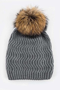 Trendy Racoon Fur Pom Pom Chevron Knit Beanie LA-EMH8578