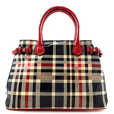 Classic Plaid Print Patent Satchel