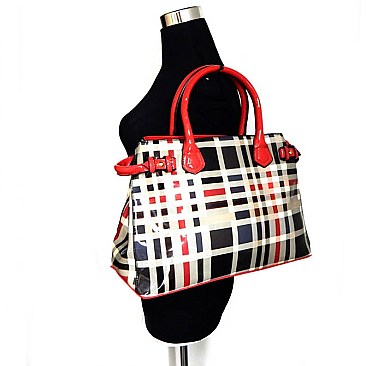 Classic Plaid Print Patent Satchel