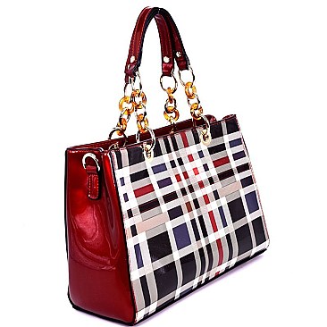 GZ6157-LP  Plaid Checker Pattern Chain Accent Patent Tote