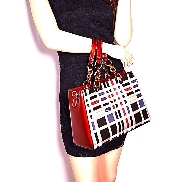 GZ6157-LP  Plaid Checker Pattern Chain Accent Patent Tote