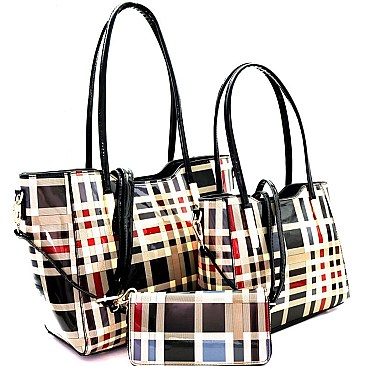 Plaid Checker Print Patent 3 in 1 Twin Tote Wallet SET MH-GZ7301W