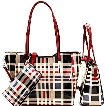 Plaid Checker Print Patent 3 in 1 Twin Tote Wallet SET MH-GZ7301W