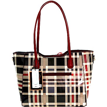 Plaid Checker Print Patent 3 in 1 Twin Tote Wallet SET MH-GZ7301W