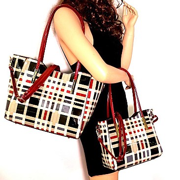Plaid Checker Print Patent 3 in 1 Twin Tote Wallet SET MH-GZ7301W