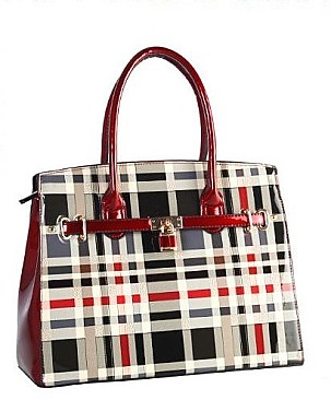 PADLOCK GLOSSY PLAID SATCHEL HANDBAG