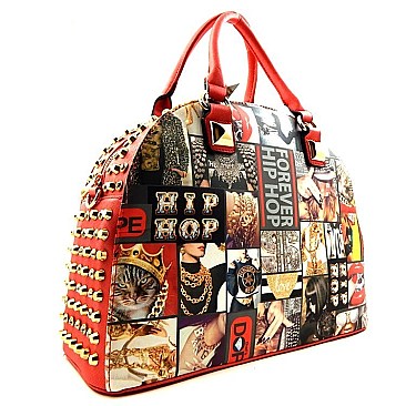 Hip Hop Magazine Print Rhinestone Side & Round Shape Satchel