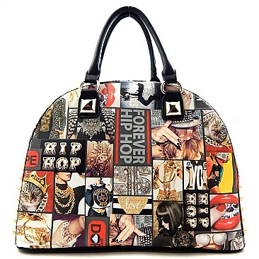 Hip Hop Magazine Print Rhinestone Side & Round Shape Satchel