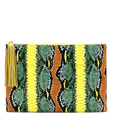 Oversized Tassel Accent Snake Print Hand Clutch