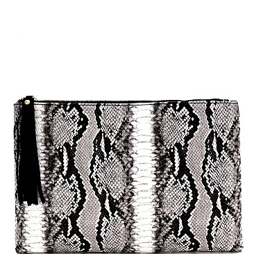 Oversized Tassel Accent Snake Print Hand Clutch