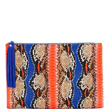Oversized Tassel Accent Snake Print Hand Clutch