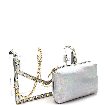 2 in 1 Transparent Pyramid Stud Accent Metallic Shoulder Bag