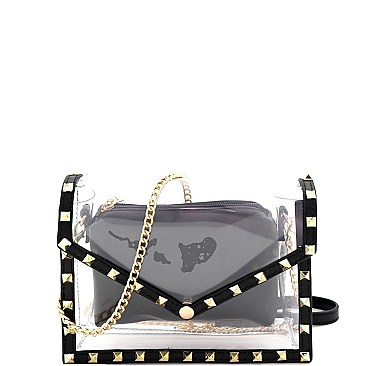 2 in 1 Transparent Pyramid Stud Accent Metallic Shoulder Bag