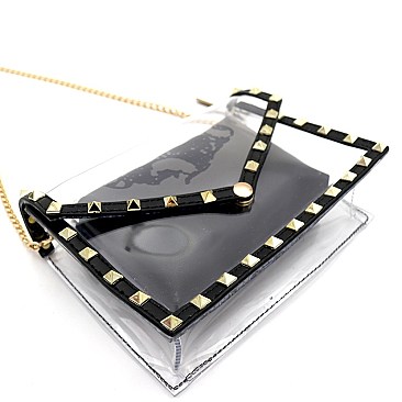 2 in 1 Transparent Pyramid Stud Accent Metallic Shoulder Bag