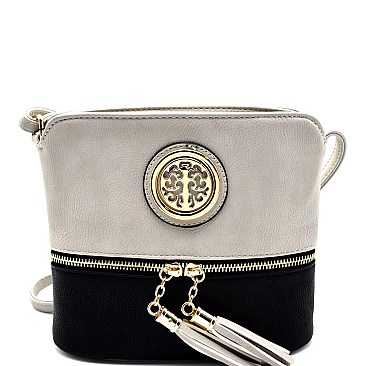 HY2042A-LP  Tassel Accent Emblem 2-Tone Cross Body