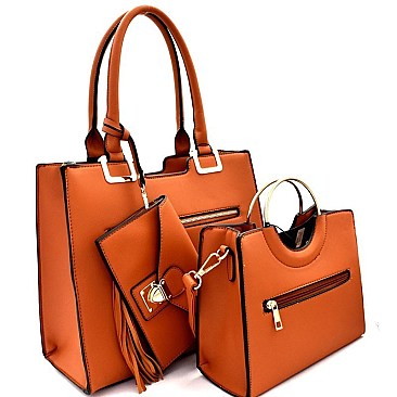Round Handle Satchel Tassel Accent 3 in 1 Tote SET  MH-HY3170T