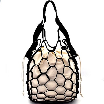 HZ0001-LP Unique Net Cutout 2 in 1 Stretch Bucket Hobo