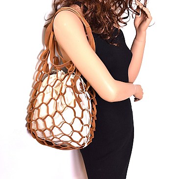 HZ0001-LP Unique Net Cutout 2 in 1 Stretch Bucket Hobo