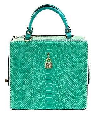 Elaborate Rhinestone Lock Snake Skin Boxy Shape Satchel