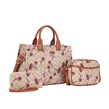 3-IN-1 Oval-Chery Monogram Print Satchel With Crossbody & Wallet Set
