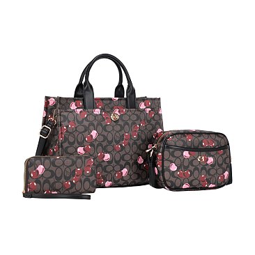 3-IN-1 Oval-Chery Monogram Print Satchel With Crossbody & Wallet Set
