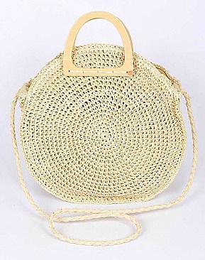 Wooden Handle Round Straw Bag