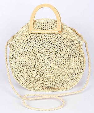 Wooden Handle Round Straw Bag