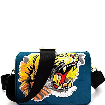 TIGER PATCH FELT-SUEDE FLAP SHOULDER BAG