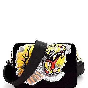 TIGER PATCH FELT-SUEDE FLAP SHOULDER BAG