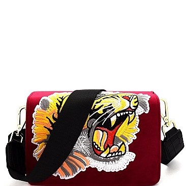 TIGER PATCH FELT-SUEDE FLAP SHOULDER BAG