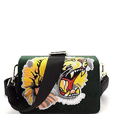 TIGER PATCH FELT-SUEDE FLAP SHOULDER BAG