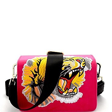 TIGER PATCH FELT-SUEDE FLAP SHOULDER BAG