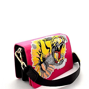 TIGER PATCH FELT-SUEDE FLAP SHOULDER BAG