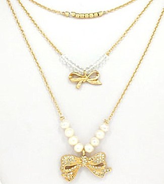 RIBBON W/STONE LAYER PEARL NECKLACE