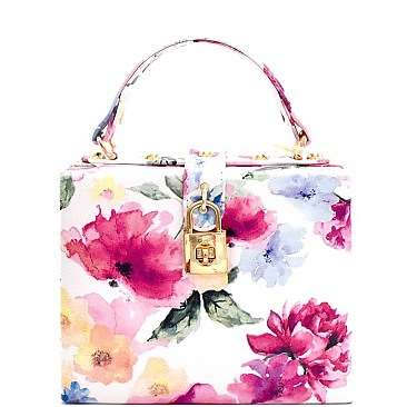 Turn-Lock Accent Medium Box Satchel White-Flower MH-JT135