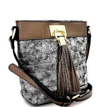 JU6469-LP Tassel Accent Metallic Embossed Shoulder Bag