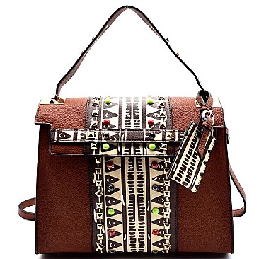 JY0117 -LP Aztec Print Accent 2 Way Flap Satchel