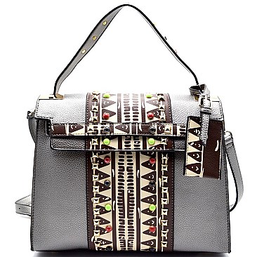 JY0117 -LP Aztec Print Accent 2 Way Flap Satchel