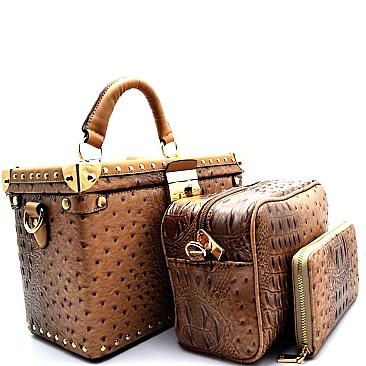 [S]JY0121-LP Ostrich Print Pinch-lock 3 in 1 Box Satchel SET