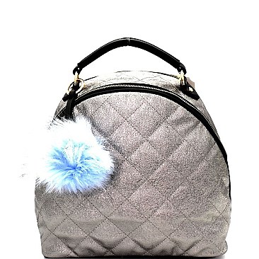 JY0163-LP Pom Pom Accent Metallic Quilted Fashion Backpack