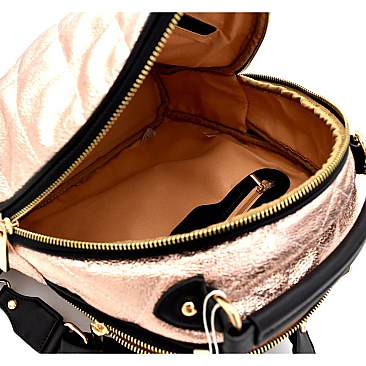 JY0163-LP Pom Pom Accent Metallic Quilted Fashion Backpack