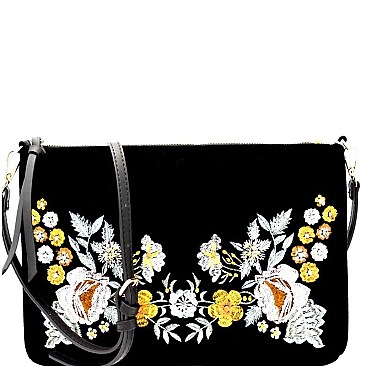 JY0174-LP Flower Embroidered Velvet Clutch Cross Body