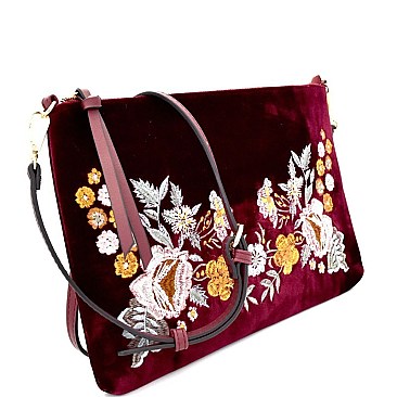 JY0174-LP Flower Embroidered Velvet Clutch Cross Body