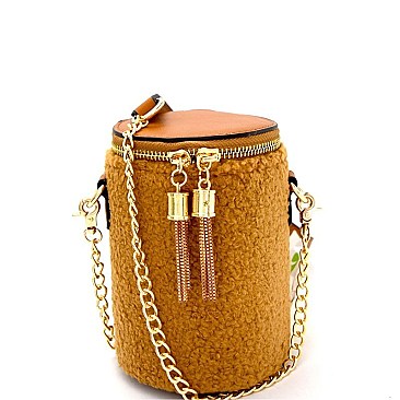 Metal Tassel Accent Faux-Fur Barrel-Shaped Cross Body MH-JY0204