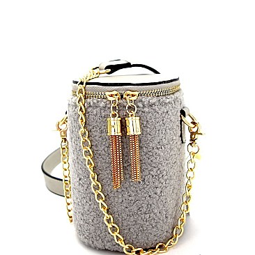 Metal Tassel Accent Faux-Fur Barrel-Shaped Cross Body MH-JY0204