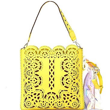 JY0214-LP Laser-Cut 2 in 1 Tote Hologram Crossbody Value SET