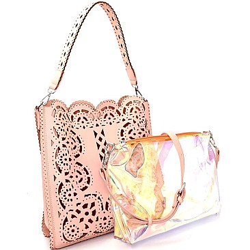 JY0214-LP Laser-Cut 2 in 1 Tote Hologram Crossbody Value SET